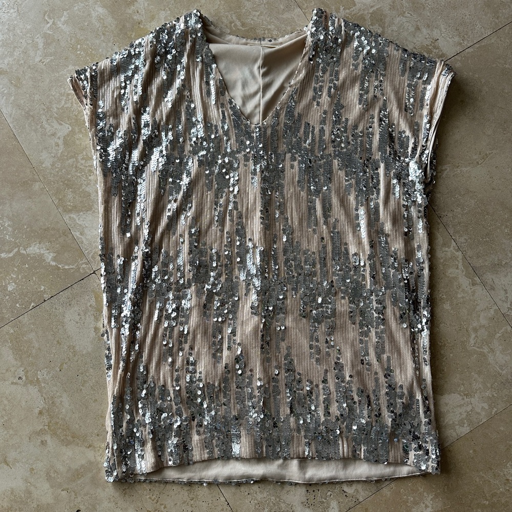 Rose gold tunic style dress with silver sequins.